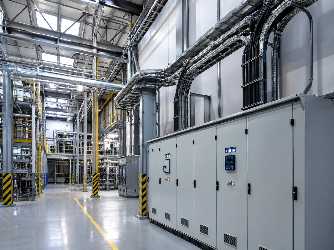 Industrieanlage mit Schaltschr&auml;nken, Kabeltrassen und elektrischer Infrastruktur f&uuml;r sichere Energieverteilung