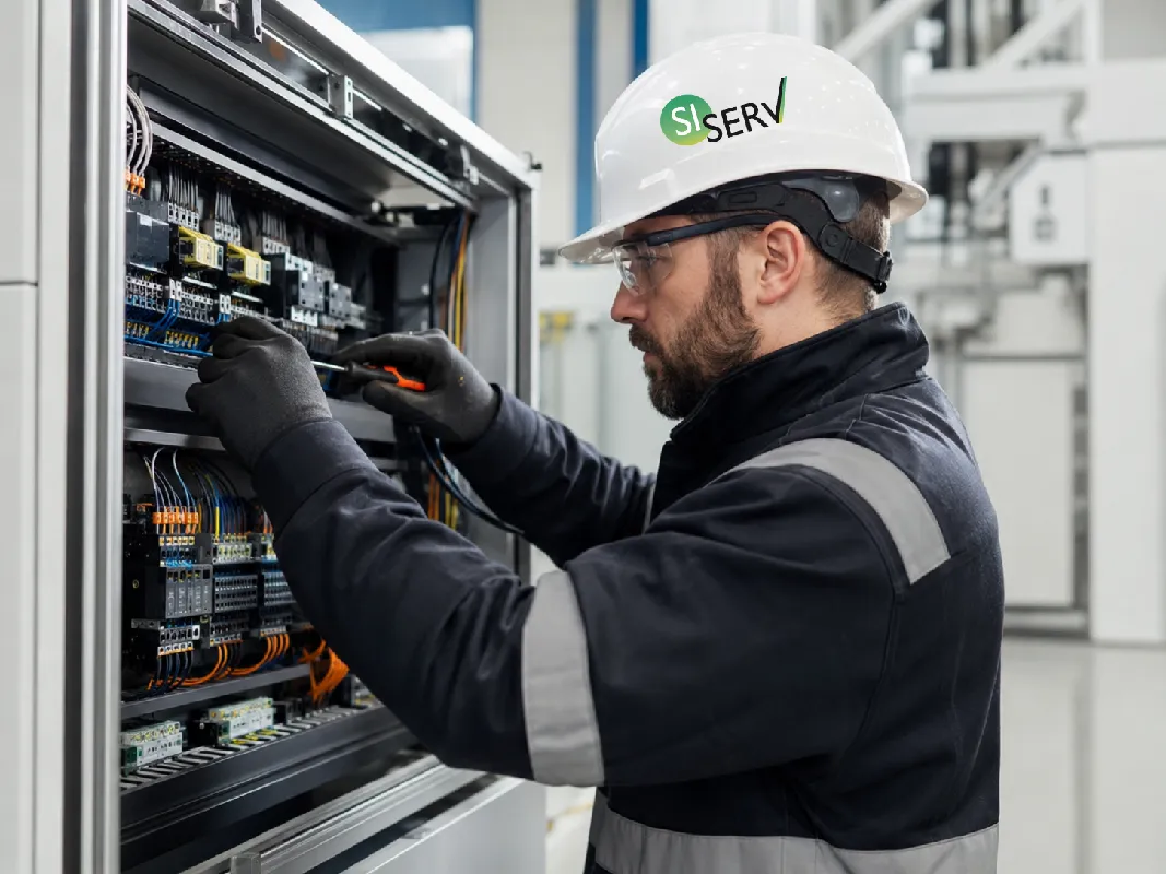 Industrieelektriker installiert elektrische Komponenten in einem Schaltschrank f&uuml;r Steuerung und Automatisierung einer Industrieanlage