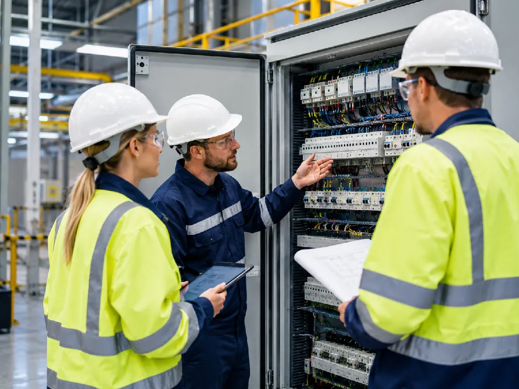 Technisches Team bespricht Stromverteilung, Steuerungstechnik und Automatisierung an einem offenen Schaltschrank