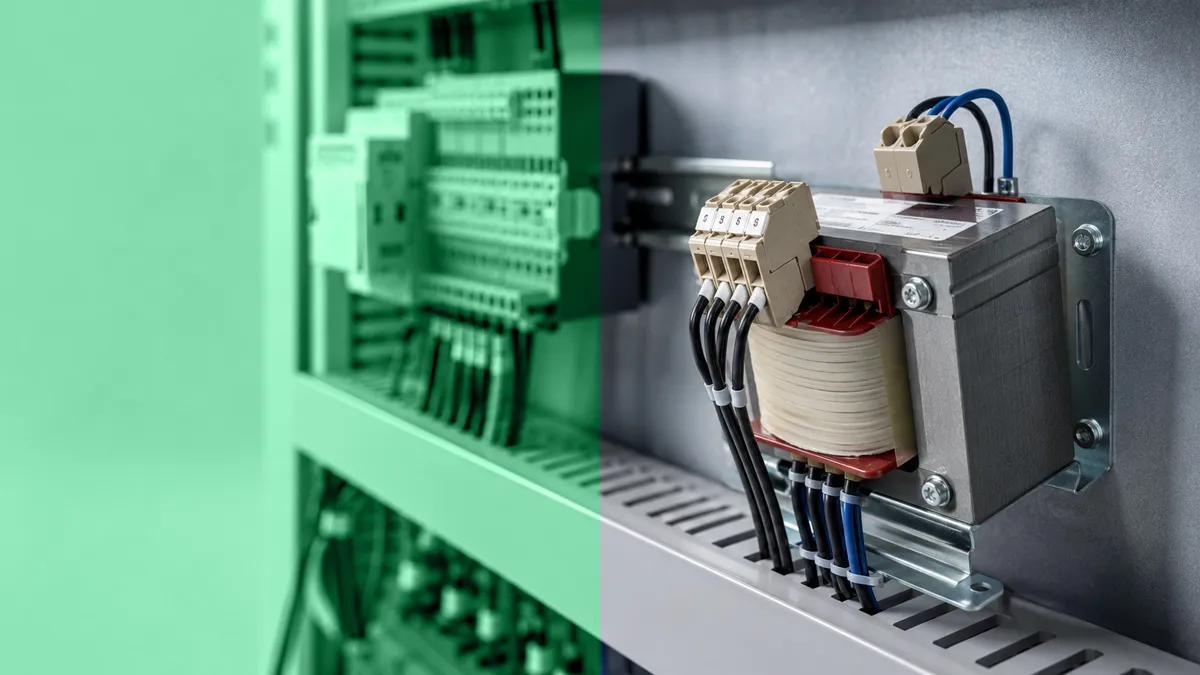 Siemens Sicherheitstransformator 4AM auf Montageplatte im Schaltschrank